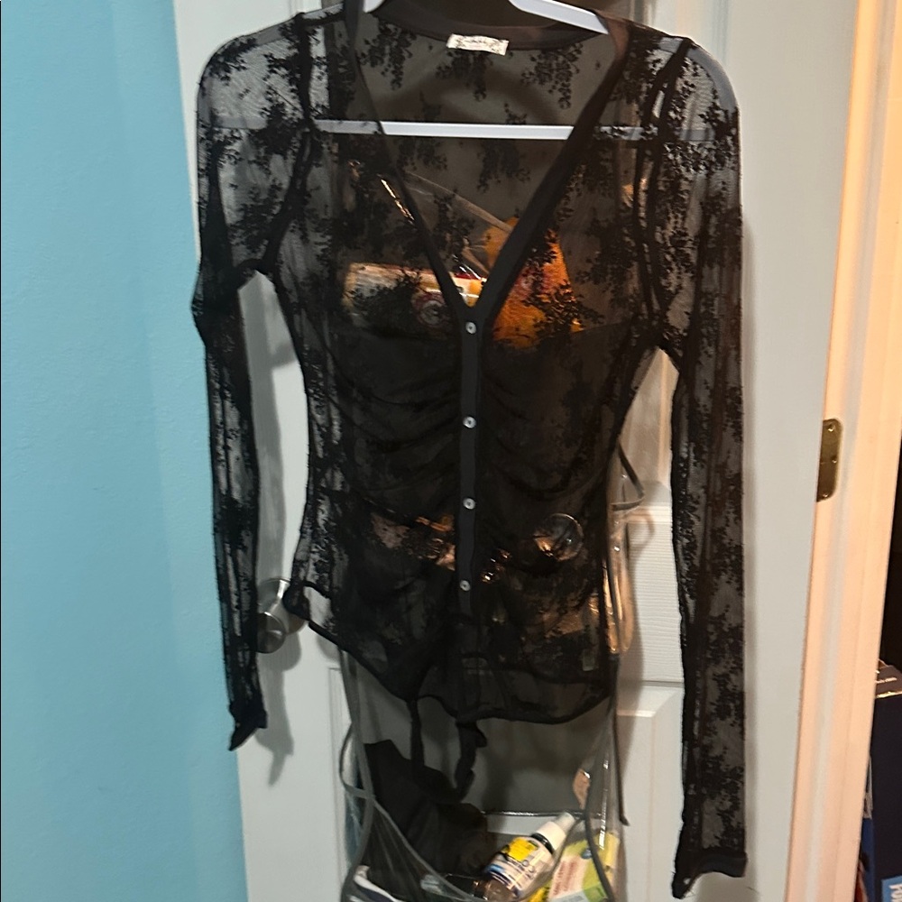 Free People Lady Lux Bodysuit Sheer Black Floral Lace Button Front Layering Top
